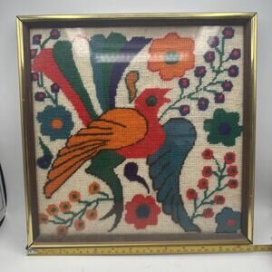VTG BOHO HANDMADE NEEDLEPOINT BIRD & FLOWERS 13x13 Floral